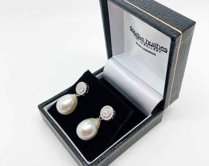 Diamond and Pearl Earrings In 18ct White Gold - Exquisite Natural South Sea Pearls with 1/2 Carat Diamond Spread