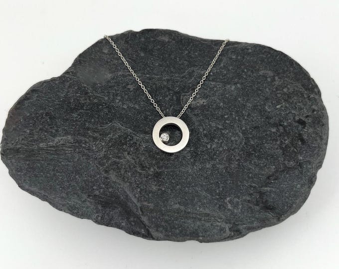 Handmade Silver & Diamond Circle Pendant Necklace, Minimalist Women's Jewellery, Anniversary/Birthday Gift for Her.