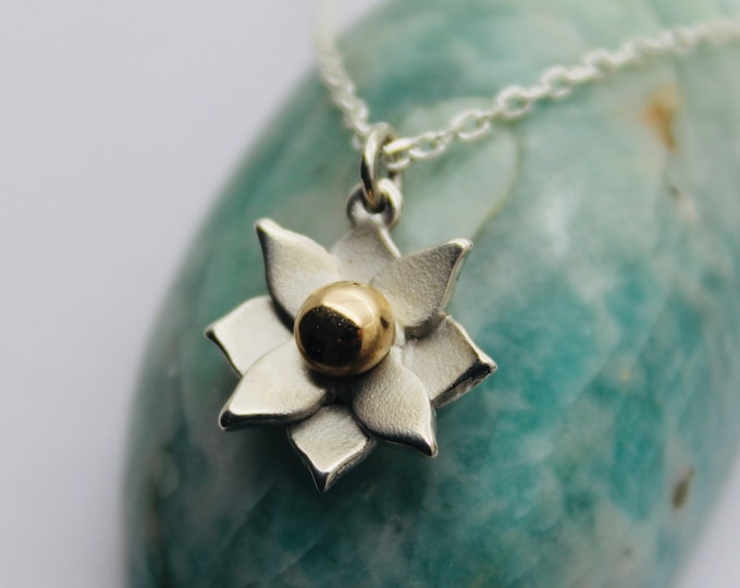 Handmade Solid Silver Lotus Pendant with 9ct Gold Bead - Douglas Hughes Design: Lotus Flower Necklace, Lotus Flower Pendant, Lotus Flower