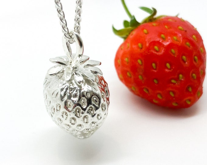 Silver Strawberry Necklace, Handmade Silver Pendant, Solid Silver Strawberry, Real Solid Silver Strawberry Necklace, Strawberry Necklace