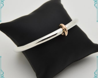 Heavyweight Solid Silver Bangle with Rose Gold Doughnut - Handmade Douglas Hughes Design