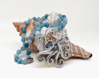 Solid Silver and Black Diamond Octopus Pendant on a Multi-Toned Aquamarine Strand of Beads | An Original DH Design | Handmade in Cornwall