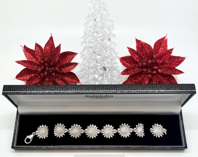 Handmade Silver Sunflower Bracelet, Flower Charm Bracelet, Floral Jewellery Gifts for Women.