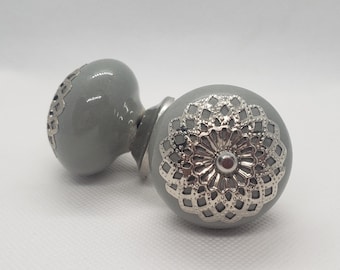 Dark Grey Silver Metal Flower Ceramic Knob Home Decor Drawer Pull Drawer Knob Cabinet Knob Cabinet Pull