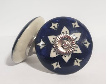 Dark Blue Cream Large Flower Leaf Ceramic Knob Home Decor Drawer Pull Drawer Knob Cabinet Knob Cabinet Pull