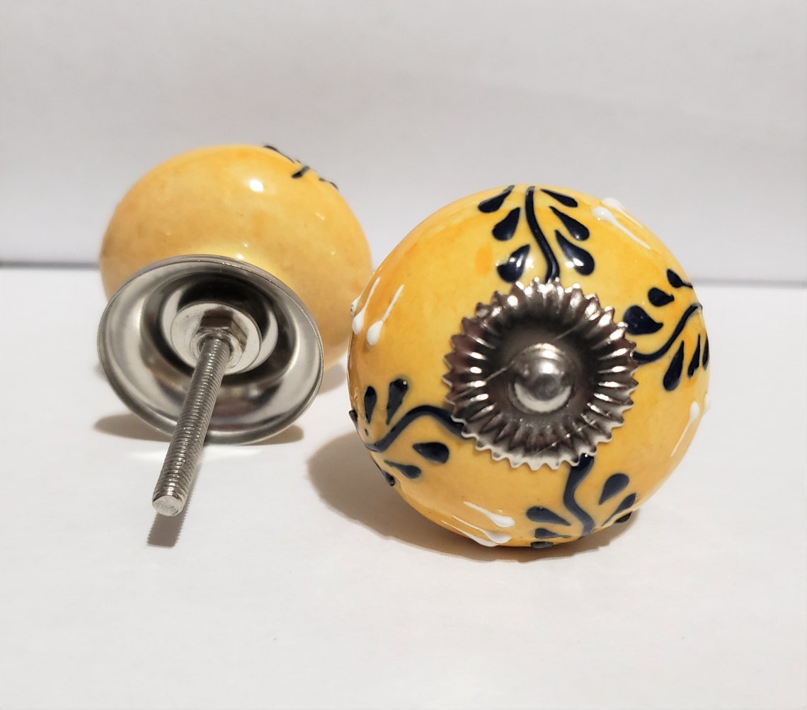 Yellow White Dark Blue Ceramic Knob Drawer Pull Knob Etsy