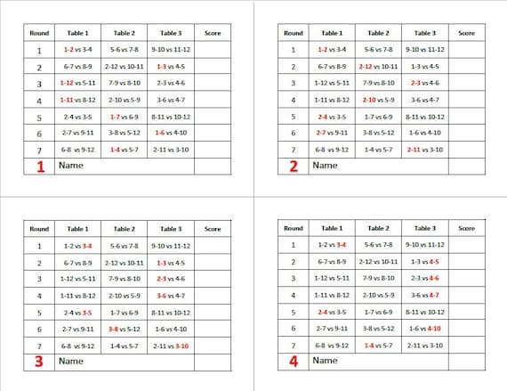 12 Player (1 Stationary) - 3 Table Progressive Bridge / Whist / Game Tallys,  Player Rotation -    Print it yourself. Downloadable