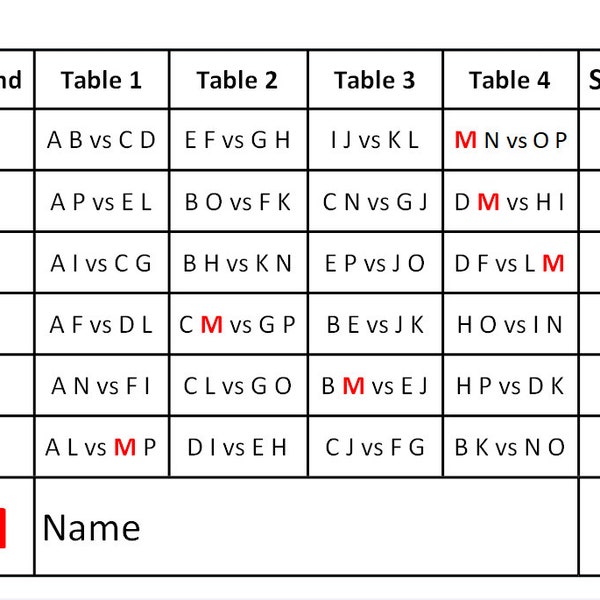 16 spelers (2 vaste) - 4 tafels Progressive Bridge / Whist / Game Tallies - 16 personen rotatie - Print het zelf. Downloadbaar