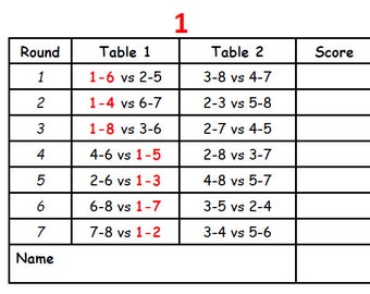 8 player (1 Stationary)  - 2 Table  /  7 rounds  Progressive Bridge / Whist / Game Tallies -   Downloadable,  Prints on 2 Pages
