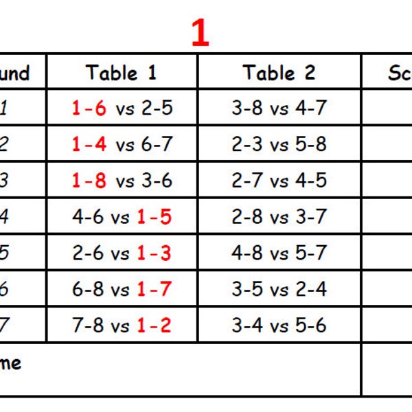 8 player (1 Stationary)  - 2 Table  /  7 rounds  Progressive Bridge / Whist / Game Tallies -   Downloadable,  Prints on 2 Pages