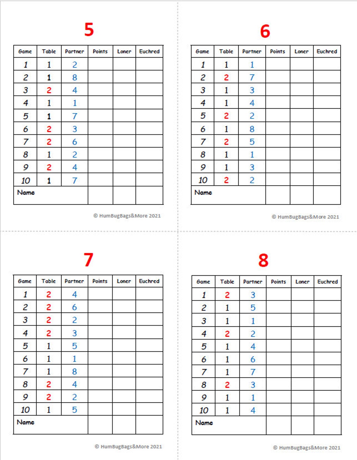 Printable 2 Table Euchre Score Cards Printable Word Searches