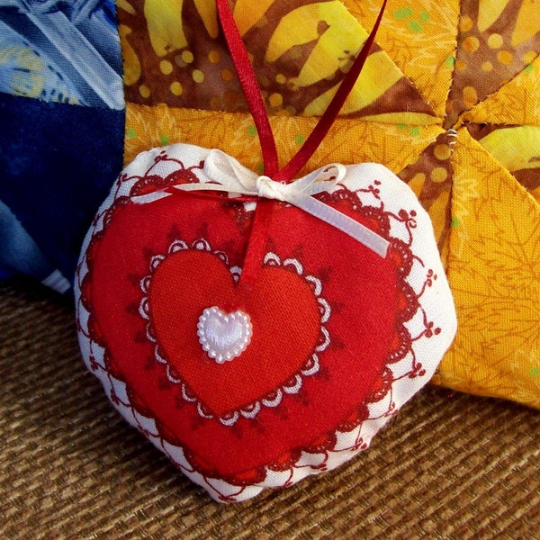 red heart  decoration, Valentine ornament, lavender sachet in pretty fabric with ribbon hanger, can be hung up