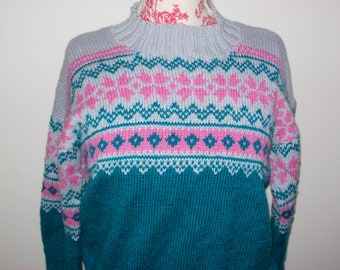 Ladies Fair isle sweater, pullover, jumper 38 inch, all wool in jade, grey and pink, crew neck, drop shoulder