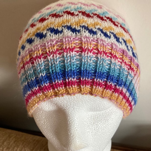 Fairisle beanie hat, hand knit, cream with mustard, blue, red, teal and pink