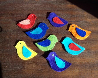 3 bird finger puppets, for pencils, for fingers, lots of colours, hand made in felt with bead eyes, 2 wings, finger puppet, fits on finger