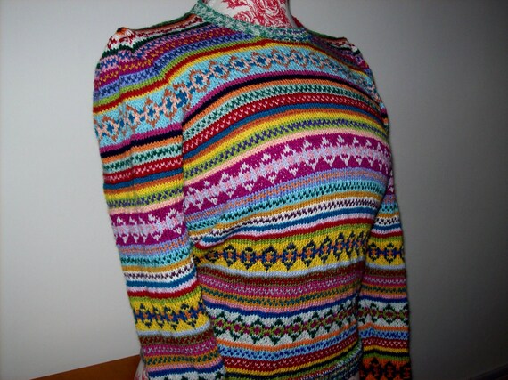 Jazzy Fairisle Sweater Jumper Size 14, 36 Inch, Wool Knit, Bright Colours, Designer Knit, Own OOAK Design