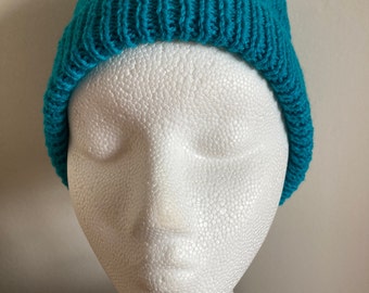 Medium ladies beanie hat turquoise with wide brim, wool and acrylic