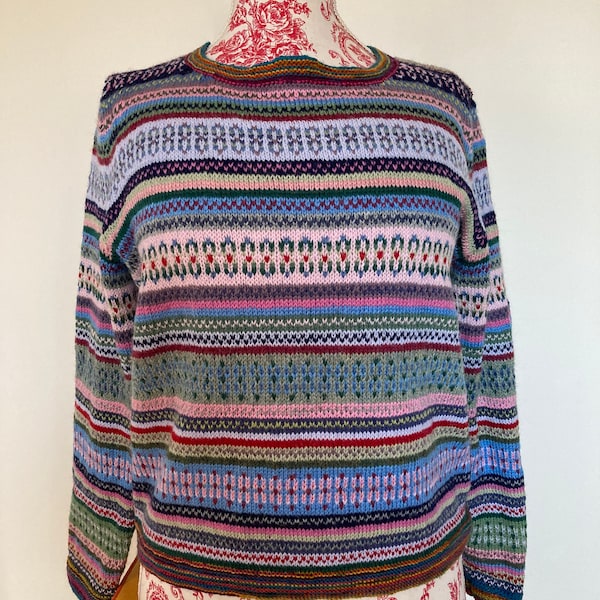 fairisle jumper sweater UK size 16 to 18, wool rich yarn, bright colours, unique one off bespoke design