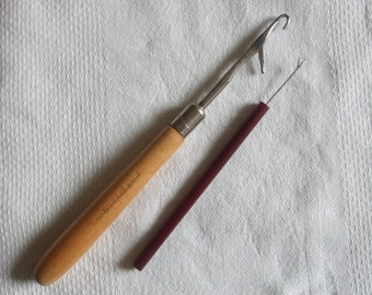 Two Vintage Rug Latch Hook Tools - One Fine with Early Plastic Handle & One Beehive and Turkey with Wooden Handle