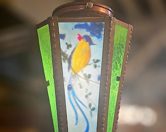 1920s Reverse Painted Pendant Lantern Light with Birds