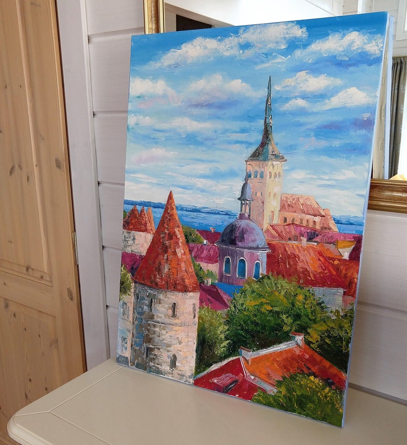 Old Tallinn Cityscape Painting Heavy Textured Wall Art Bright Etsy