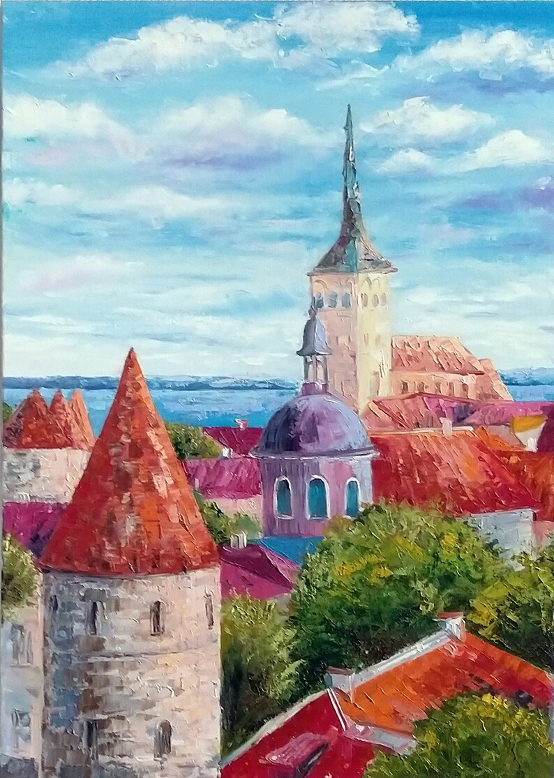 Old Tallinn Cityscape Painting Heavy Textured Wall Art Bright Etsy