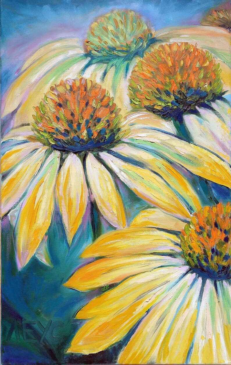 Yellow and Teal Painting Oil Painting Yellow Flowers Textured Etsy