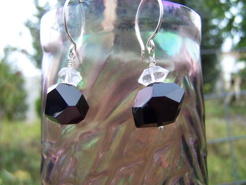 Dramatic Black Onyx /& Herkimer Diamond Earrings Chunky Faceted Onyx Nuggets Paired With Double Terminated Crystals with Sterling Silver