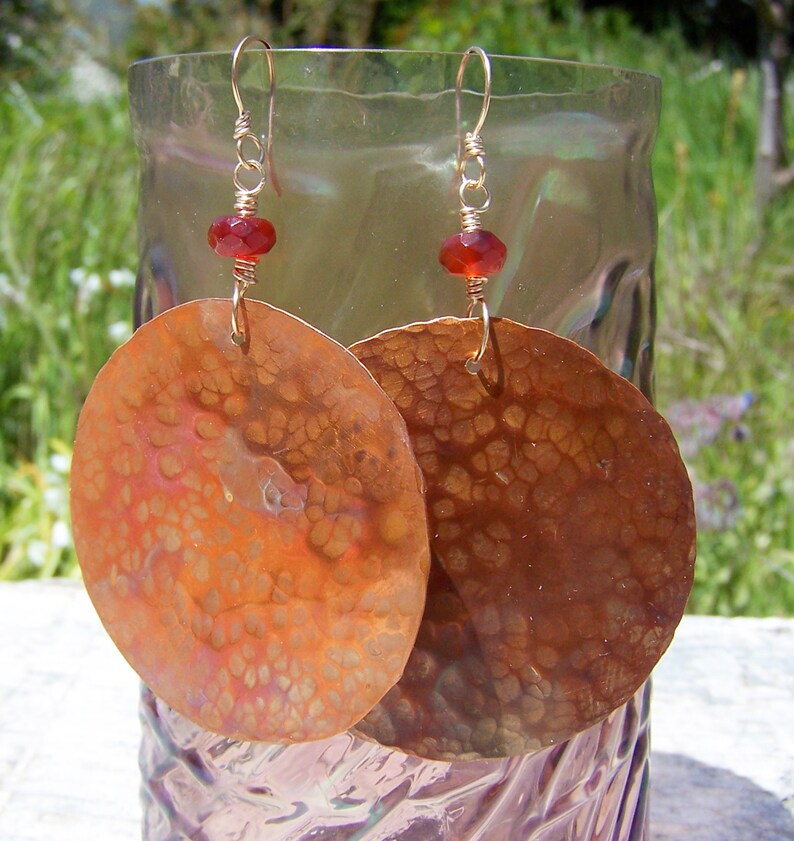 Flame Colored Dragon Scale Statement Earrings With Faceted Carnelian Stone Beads On Hand Made Gold Filled Ear Wires Large Hammered