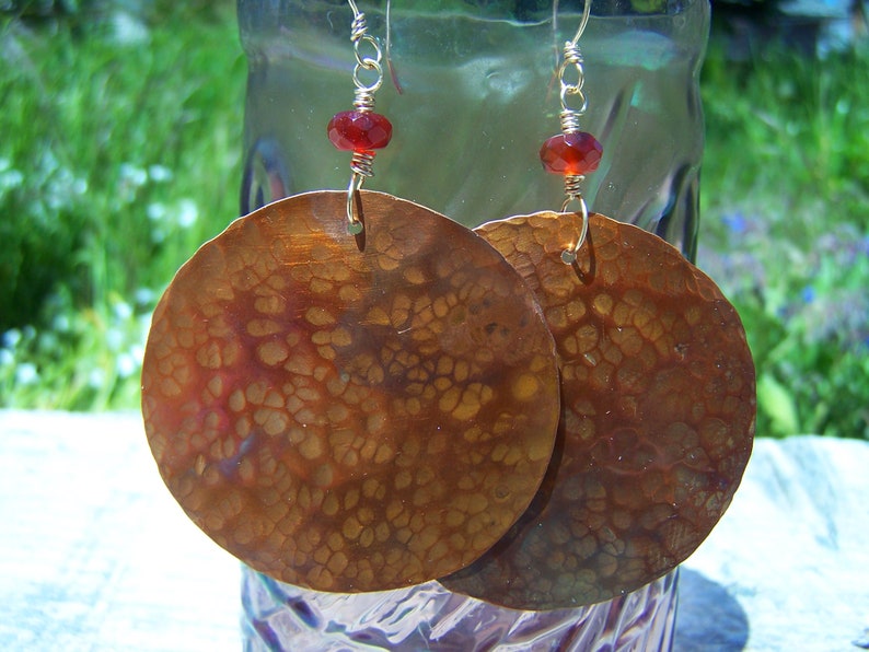 Flame Colored Dragon Scale Statement Earrings With Faceted Carnelian Stone Beads On Hand Made Gold Filled Ear Wires Large Hammered