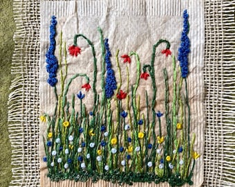 Teabag art, hand stitched wild flower meadow, wood effect frame