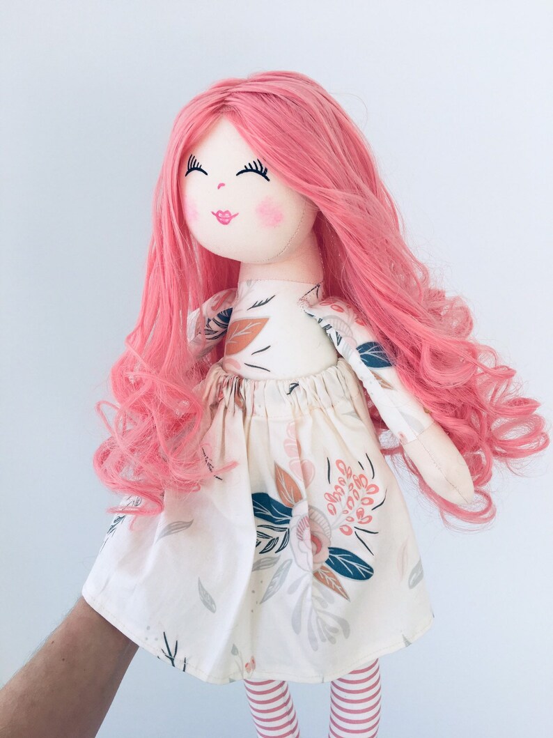 Doll Pink hair cloth doll rag doll curly hair fabric doll Etsy