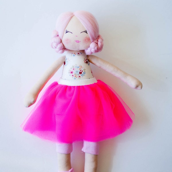 Fabric doll ballerina doll cloth doll rag doll handmade doll pink hair pink skirt daughter gift girl gift