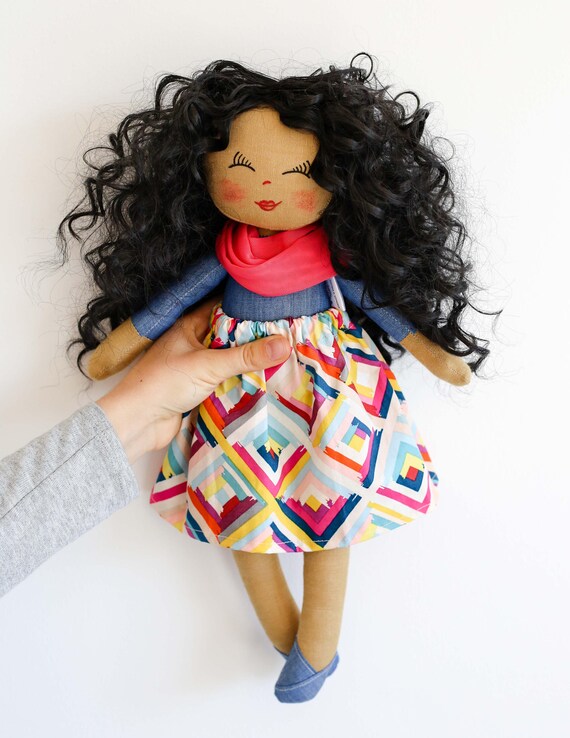Dark Skin Doll Dolls Rag Doll Cloth Doll Black Hair Curly Etsy