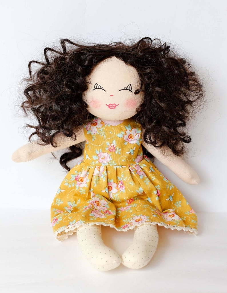 Art Doll Rag Doll Dark Brown Hair Doll Fabric Doll Curly Etsy