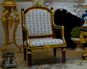 French dollhouse 1/12, Louis XVI armchair, wood and gold, fabric with fine black patterns highlighted with gold, unique handcrafted piece.