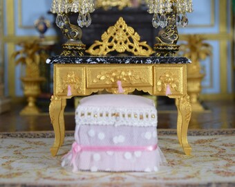 French Rococo set, table and stool skirted with dotted tulle on a pink background, Dollhouse 1/12, French Style, Unique pieces!