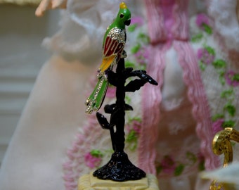 French dollhouse, scale 1/12, unique piece made by hand, Jeweled Parrot on a branch, in silver and enamel.