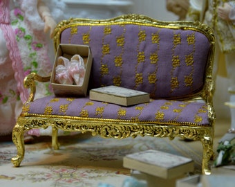 French dollhouse, scale 1/12, unique piece made by hand, Louis XV Sofa decorated with gold leaf, specially embroidered gold fabric.
