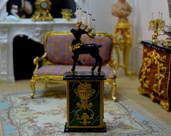 French dollhouse 1/12, Deer candlestick on marble base with gold decoration, 8 candles, exceptional and unique piece, handmade.