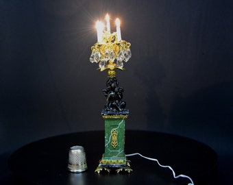 French electrified torchiere, 5 branches, functional (12V), dollhouse, scale 1:12, replaceable bulbs, real crystal pendants.