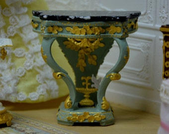French doll's house, scale 1/12, unique piece made by hand, Console with fountain, decoration of golden foliage and flowers.