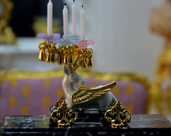 French dollhouse 1/12, Winged Deer Candlestick lying on marble base, gold decoration, 4 candles on flower cups, unique piece.