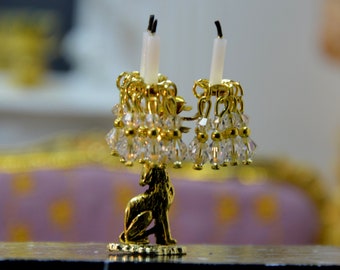 French dollhouse 1/12, Wolf candlestick on chiseled golden base, 3 candles, real crystal pendants, unique piece.