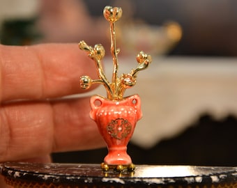 French bouquet of flowers in gilded metal and rhinestones in a porcelain vase with rococo decoration, 1/12 scale Miniature Dollhouse.