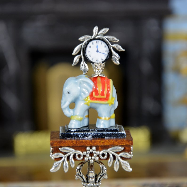 Louis XVI French Style. and its presentation table Miniature scale 112 Dollhouse Carried by a Porcelain Elephant French Style Pendulum