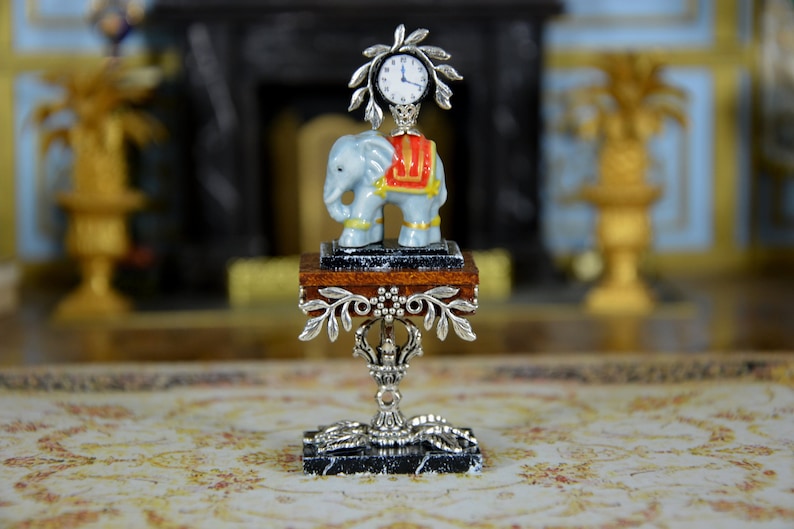 Louis XVI French Style. and its presentation table Miniature scale 112 Dollhouse Carried by a Porcelain Elephant French Style Pendulum