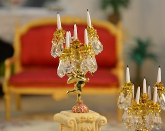 7-branch candlestick, in the shape of golden angels, Baroque Rose Pompadour base, genuine crystal pendants, Scale 1/12 Dollhouse.