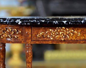 French dolls' house 1/12, Wooden console with floral decoration with gold edging, Painted marble top, Unique copy made by hand