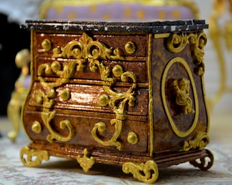 French dollhouse 1/12, Rococo chest of drawers with gold decor, 4 functional drawers, marble top, unique piece, handmade.